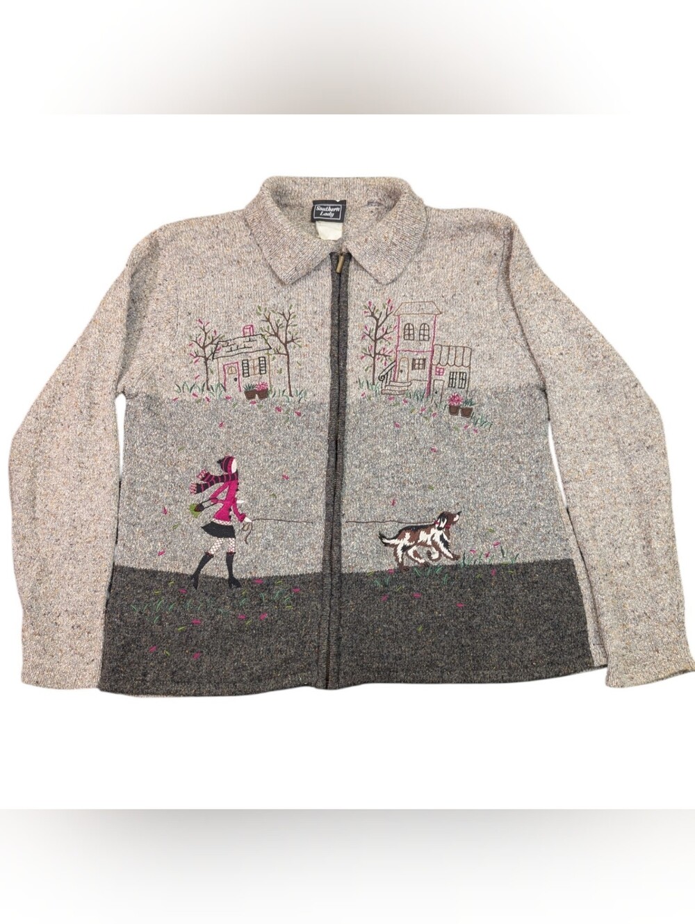 Vintage Grandmacore Knit Zip Up Cardigan Sweater House Dog Scene Large Embroider